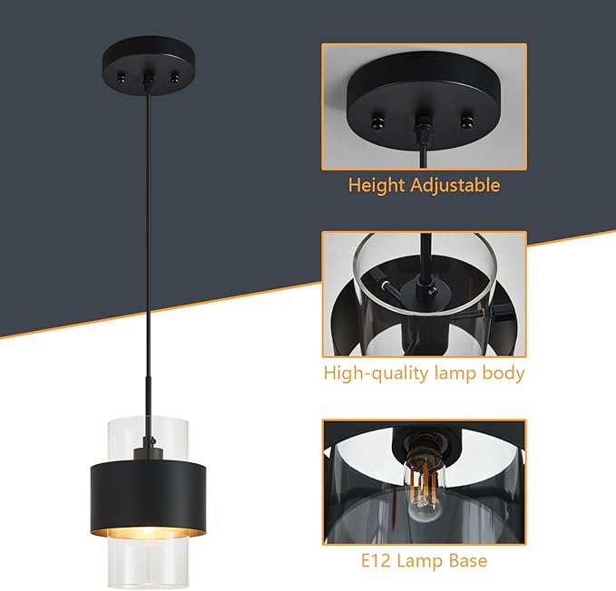 Modern Black Pendant Lighting Indoor Kitchen Island Pendant Light Glass Shade Ceiling Light Fixtures for Bedroom Dining Room Living Room(2-Pack)