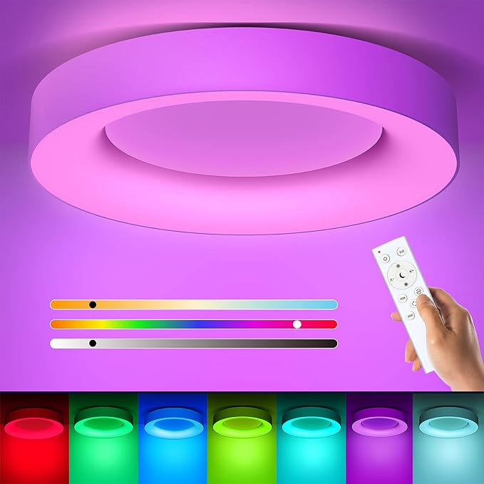 Annaror 16 Inch RGB Led Flush Mount Ceiling Light with Remote Control, 36w Dimmable Ceiling Lighting Fixture, 3000K-6500K Color Changeable, Modern White, for Bedroom Kids Room