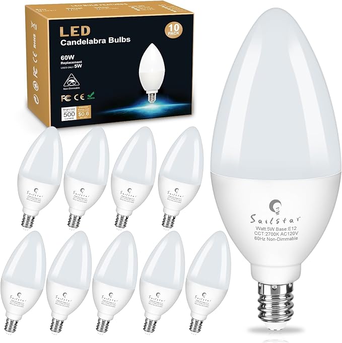 Sailstar E12 LED Bulb 60W Equivalent, 500 Lumens, Ceiling Fan Light Bulbs Soft White 2700K, Type B Light Bulb 5W, CRI 85, B11 Small Base Candelabra LED Light Bulbs, Non-dimmable, Pack of 10
