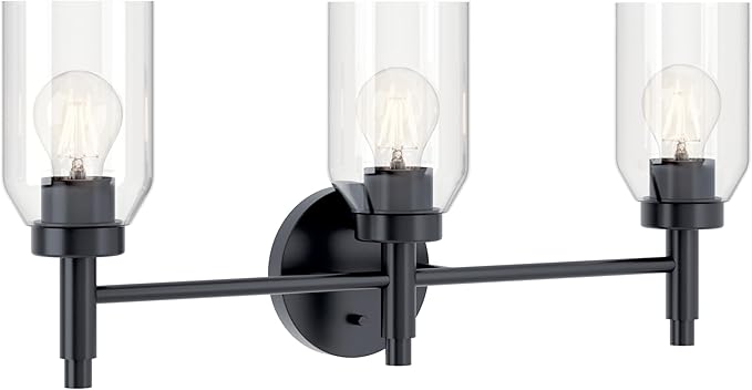 Kichler Madden 3-Light Bathroom Vanity Light Fixture with Clear Glass Shades in Black, Modern Wall Mount Over Mirror for Single Vanity, E26 Medium Base (10.5" x 24"), 55185BK