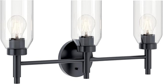 Kichler Madden 3-Light Bathroom Vanity Light Fixture with Clear Glass Shades in Black, Modern Wall Mount Over Mirror for Single Vanity, E26 Medium Base (10.5" x 24"), 55185BK