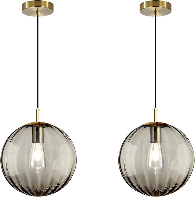 Modern Smoke Grey Glass Pendant Light, Kitchen Island Lighting 2-Pack Globe Pendant Light Fixtures Century Kitchen Island Pendant Lighting for Bedroom Living Dining Room Light Fixture (Without Bulb)