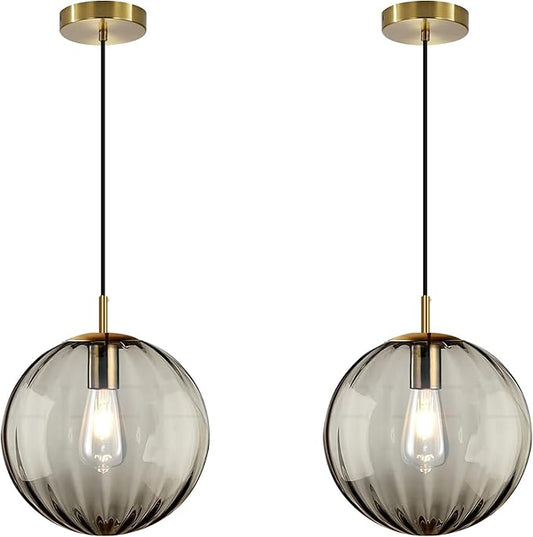 Modern Smoke Grey Glass Pendant Light, Kitchen Island Lighting 2-Pack Globe Pendant Light Fixtures Century Kitchen Island Pendant Lighting for Bedroom Living Dining Room Light Fixture (Without Bulb)
