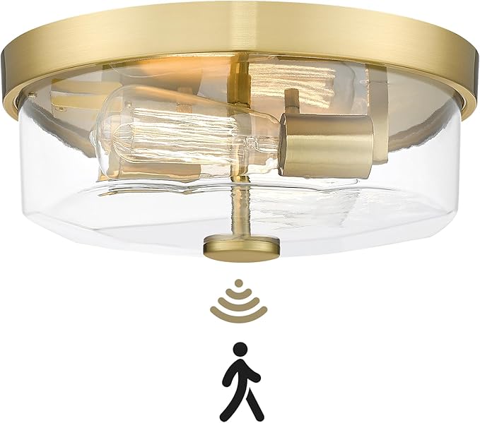 Motion Sensor Ceiling Light Indoor, 2-Light Hallway Lighting Fixtures with Motion Sensor Flush Mount, Modern Farmhouse Ceiling Lamp Clear Glass for Kitchen Porch Entryway Brushed Gold