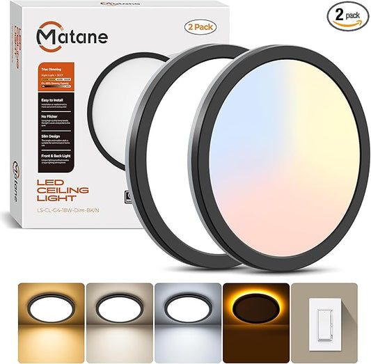 Matane 2Pack Dimmable Flush Mount Ceiling Light Fixture with Night Light, 18W 3000K 4000K 5000K, LED Low Profile Ceiling Lights for Bedroom Hallway Kitchen, 8.7inch Black Round