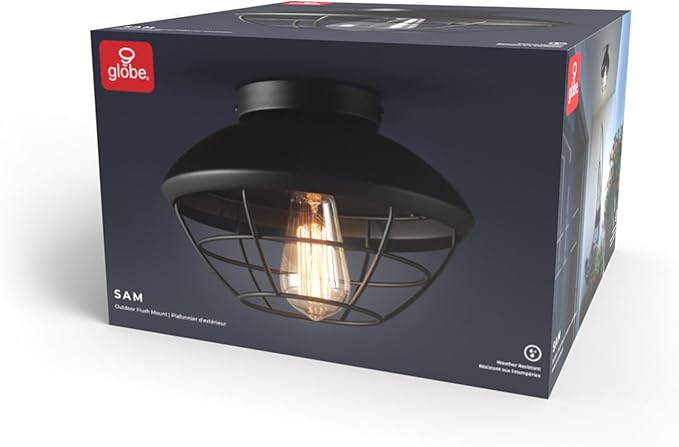Globe Electric 60000120 1-Light Outdoor Flush Mount Ceiling Light, Matte Black Finish, Metal Cage Shade, Weather Resistant, Industrial Outdoor Ceiling Light, E26 Base
