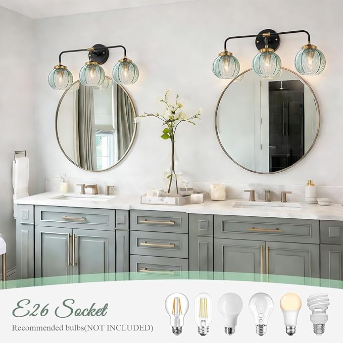 3-Light Bathroom Vanity Lights Vintage Bathroom Sconce Lights with Green Ribbed Glass Shade Mid Century Modern Light Fixture Art Deco Wall Lamp Mirror Over Vanity Light fixtures