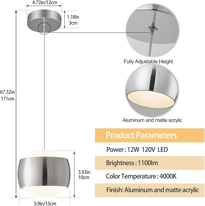 Modern Chrome LED Dimmable Pendant Light fixtures,6″ Island Pendant Lighting for Kitchen Island Dinning Room,Bedroom,Bar, Kitchen Island Ceiling Hanging Light Fixtures(Chrome-1-Pack)
