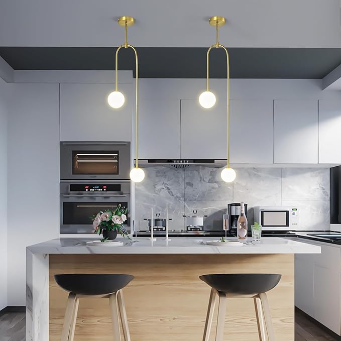 Modern Milk Glass Pendant Light 2 Light Mid Century Chandelier Small Glass Globe Gold Pendant Lights for Kitchen Island Bedroom Dining (Metal Tube Removable, 2 Pack)