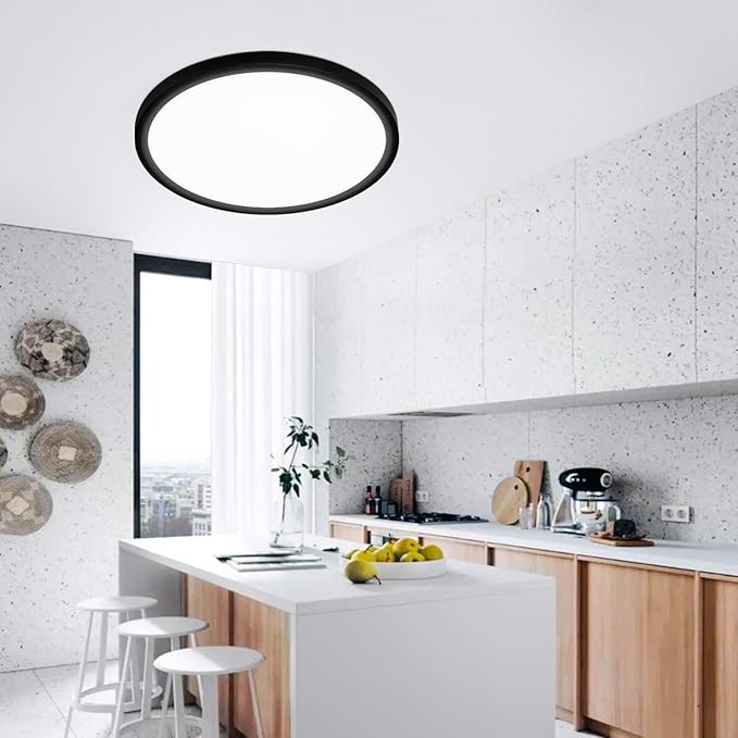 16 Inch Flush Mount Ceiling Light, 28W Dimmable LED Fixture 2800LM, 3000K/4500K/6000K Adjustable, Round Ceiling Lamp for Bedroom, Kitchen, Living Room, Dining Room, Bathroom, Black