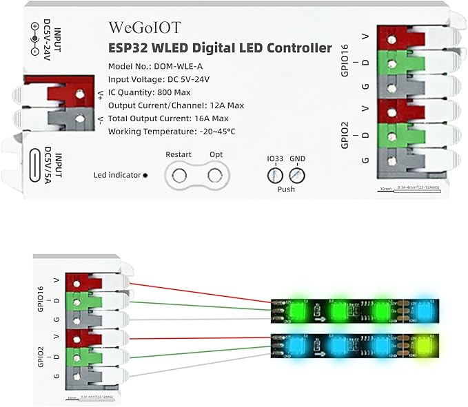 ESP32 WLED LED Strip Controller with 16A Fuse Dynamic RGB IC DIY Port WiFi App Control Easy Wiring Terminal for WS2811 WS2812B SK6812 SM16703P Programmable FCOB Addressable Strip Light