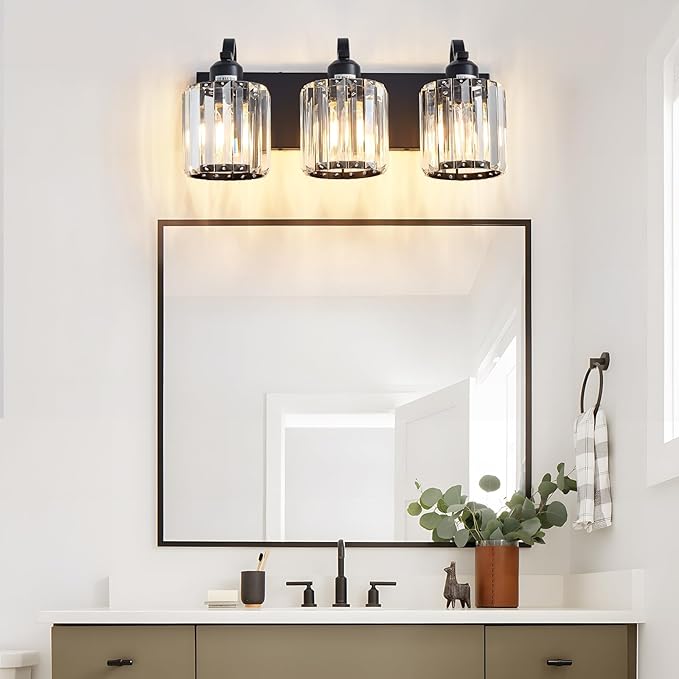 Modern 3-Lights Black Bathroom Vanity Light, Crystal Bathroom Lights Over Mirror, Modern Wall Lighting Fixtures with Crystal Round Shade (Exclude Bulb)