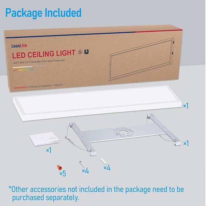 LEONLITE 120-277V 1x4 LED Flat Panel Light Surface Mount, 50W/40W/30W, 5500LM, 4 Ft. Ceiling Lighting, 0-10V Dimmable Flush Mount Panel Ceiling Light, 3500K/4000K/5000K, Built-in Driver, UL, White