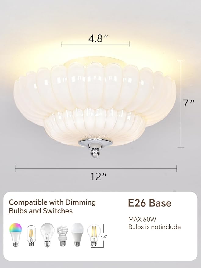 Semi Flush Mount Ceiling Light, Pearl white Glass Ceiling Light Fixture, 3-Bulb Modern Close to Ceiling Light, Vintage Glass Ceiling Lights for Bedroom Kitchen Living Room, Bulb Not Included