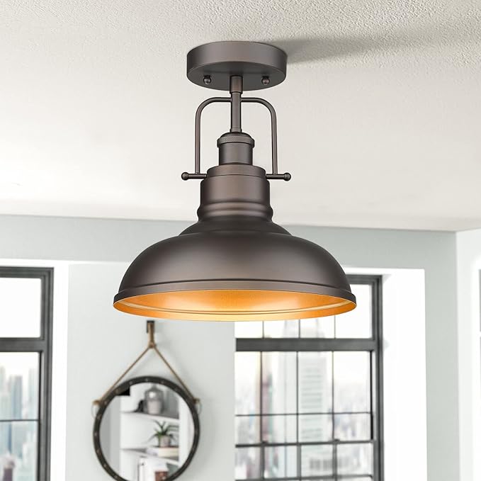 zeyu Farmhouse Semi Flush Mount Light Fixture, 11 Inch Industrial Ceiling Light Fixture for Indoor, Oil Rubbed Bronze Finish, ZY41-F ORB