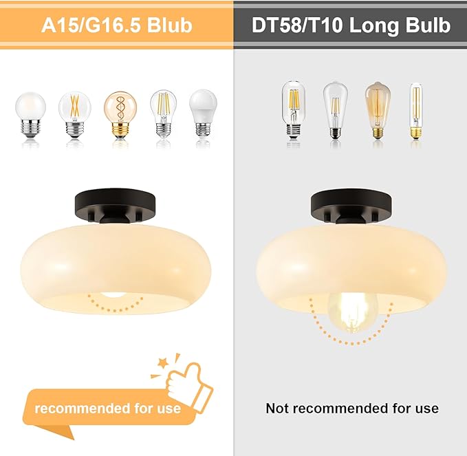 Mid-Century Modern Black Semi Flush Mount Ceiling Light,White Glass Dome Hallway Lighting Fixtures,Metal Close to Ceiling Lamp for Entryway Bathroom Kitchen Bedroom Porch Foyer Office (11 Inch)