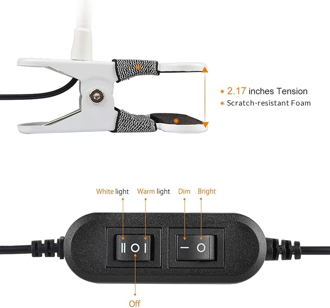 LEPOWER Clip on Light/Reading Lights/Book Light Color Changeable/Night Lights Clip on for Desk, Bed Headboard and Computers, Adapter Included (White)