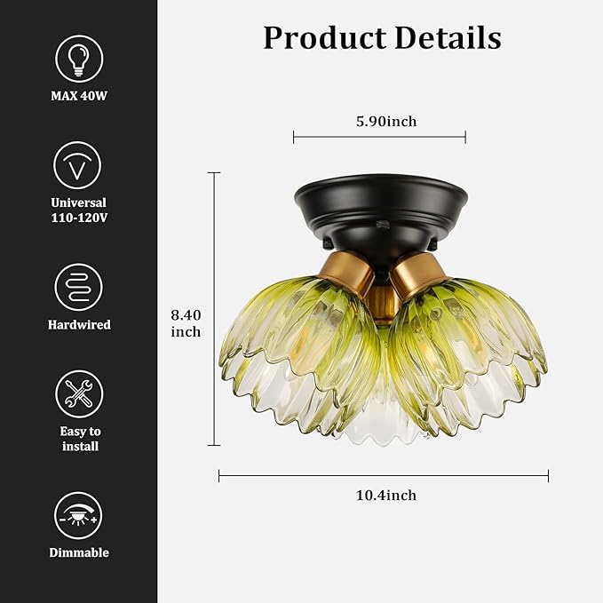 TALOYA Semi Flush Mount Ceiling Light,3-Light Close to Ceiling Light Fixtures with Green Tulip Glass Shades Modern Farmhouse Lighting Fixtures for Hallway Corridor Kitchen Bathroom Bedroom Passway