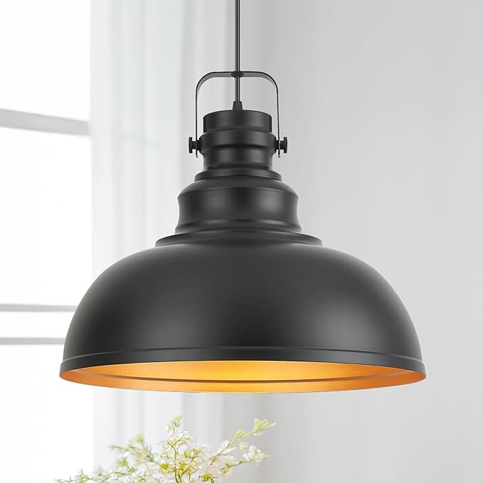 Refice 16 Inch Farmhouse Pendant Lights Kitchen Island Black Pendant Lighting Industrial Dome Island Pendant Lights, Adjustable Height, Hanging Lights, Dining Room, Barn