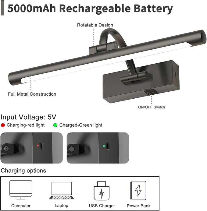 DESOOP Battery Operated Picture Lights for Wall, Wireless Painting Lights Dimmable Artwork Lighting with Remote and Timer, Rechargeable Art Lights for Paintings-Brushed Grey 16'' inch Warm White