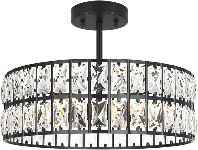 Crystal Ceiling Light Fixture, Modern Matte Black Ceiling Light Chandelier, Semi Flush Mount Chandelier Lighting Fixture for Kitchen Entryway Living Room Dining Room, 5-Light, 16 Inch