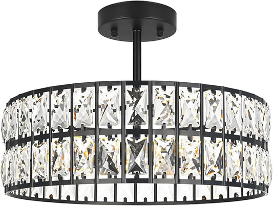 Crystal Ceiling Light Fixture, Modern Matte Black Ceiling Light Chandelier, Semi Flush Mount Chandelier Lighting Fixture for Kitchen Entryway Living Room Dining Room, 5-Light, 16 Inch
