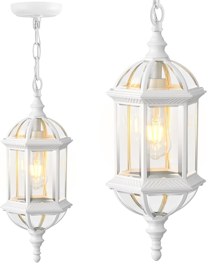 VIANIS Outdoor Hanging Lights, White Outdoor Pendant Lights with Tempered Beveled Glass, 20 Inch 1-Light Adjustable Outdoor Chandelier for Entryway, Gazebo, Waterproof and Anti-Rust, 100% Aluminum