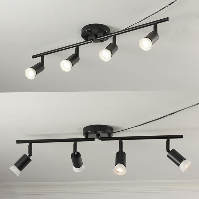 4 Light Black Plug in Track Light White Plug in Ceiling Lighting Fixture with 16.4' Long Cord,4 Way Ceiling Spotlight,Rotatable Wall Mount Light Head