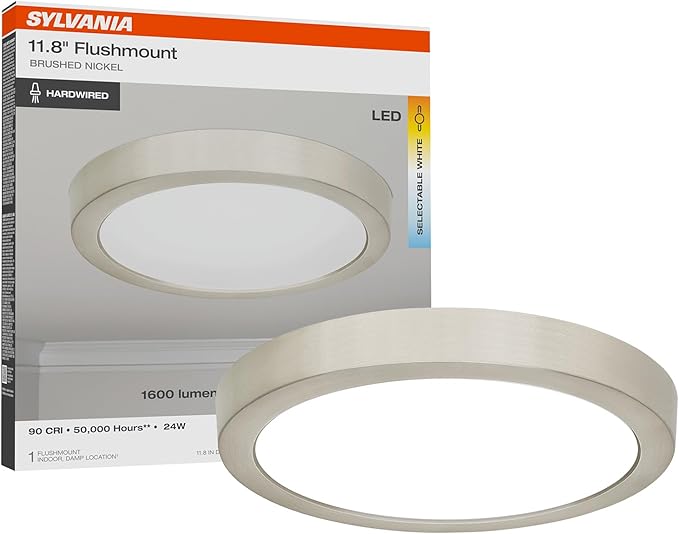 Sylvania 12" LED Flush Mount Ceiling Light Fixture, 24W, 1600 LMS, Hardwired, 3000K, Warm White, Brushed Nickel, LED Lights for Bedroom Kitchen Hallway Porch - 1 Pack (66461)