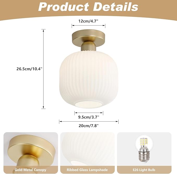 KCO Lighting Mid Century Modern Antique Brass Flush Mount Ceiling Light Brushed Gold Milk Glass Semi Flush Mount Ceiling Light Farmhouse Hallway Globe Ceiling Light Fixture