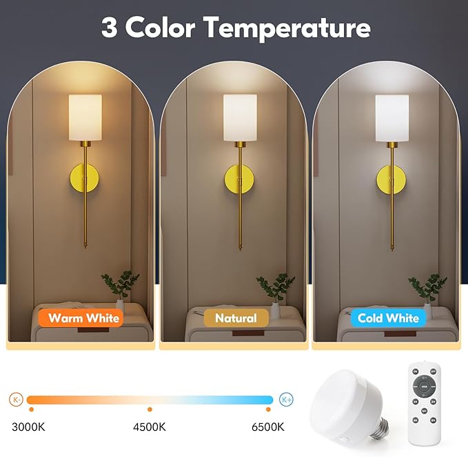 NIORSUN 24 inch Battery Operated Wall Sconce Set of 2, Gold Wireless Rechargeable Wall Lights with 5200mAh Dimmable Detachable Bulbs and Remote, 9 Colors Sconces Wall Decor for Bedroom Living Room