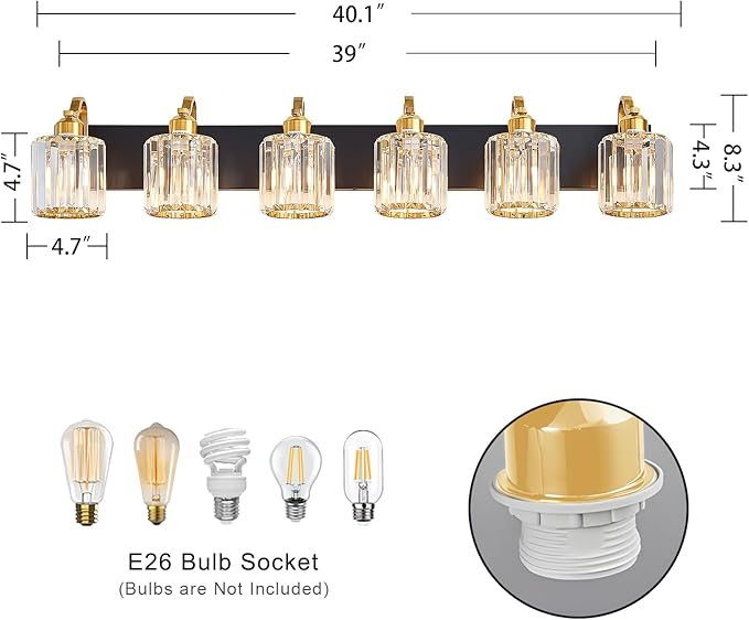 Modern Bathroom Vanity Light 6-Lights Black Gold Crystal Wall Light Fixture with Round Shade Over Mirror (Exclude Bulb)