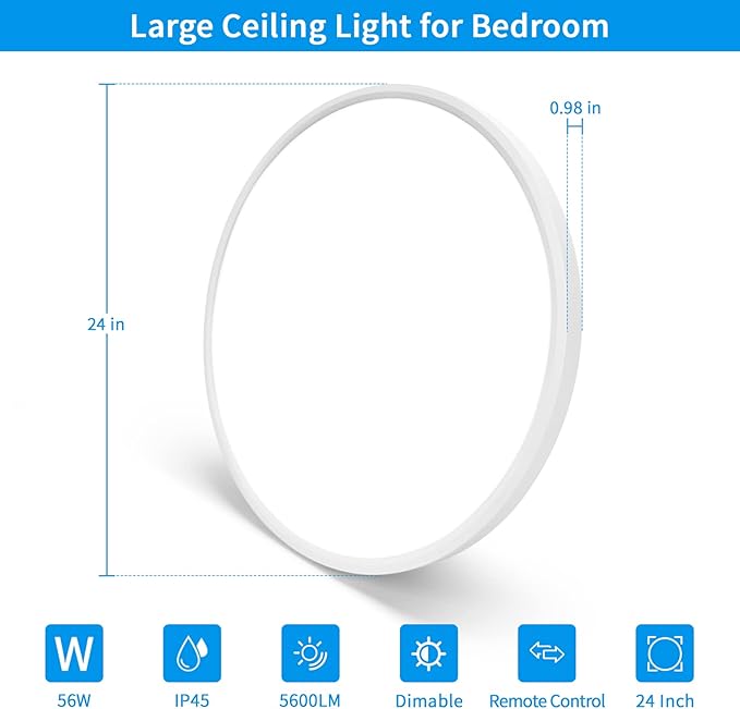 24 Inch Flush Mount Ceiling Light Fixture - 56W Dimmable LED Ceiling Light with Remote, 5600lm, 3000K/4500K/6000K Adjustable LED Kitchen Ceiling Lamp for Bedroom, White