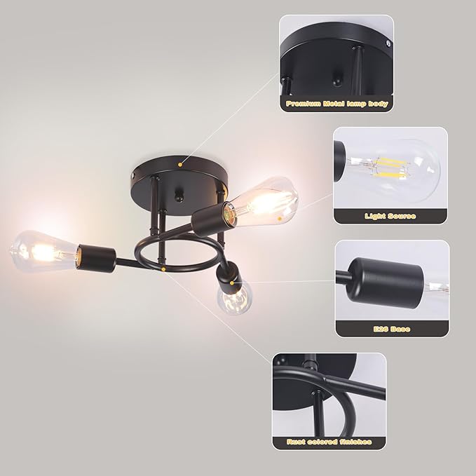 Finktonglan 3-Light Semi Flush Mount Ceiling Light, Matte Black Sputnik Ceiling Light Fixture, Modern Farmhouse E26 Chandelier for Kitchen, Bedroom, Hallway, Entryway