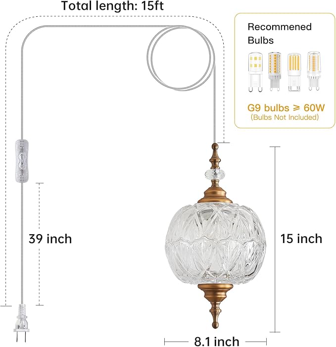 Plug in Pendant Light Fixtures Brass Vintage Pendant Lights Ceiling Pendant Fixtures for Bedroom Living Room Dining Room Kitchen Island