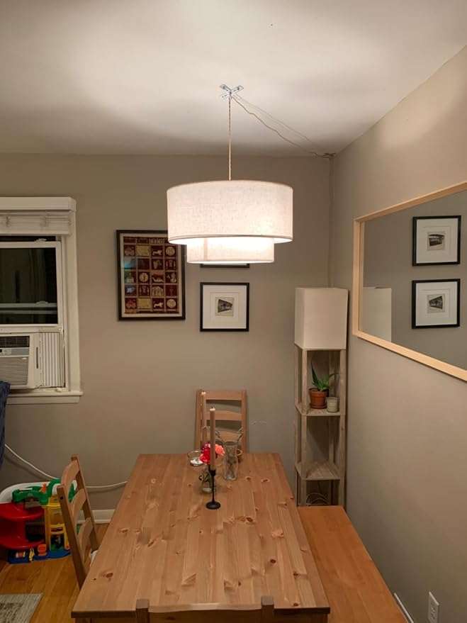 Plug in Pendant Light, 2-Tier Drum Linen Pendant Light with 15ft Hemp Rope Cord, E26 On/Off Switch, 18" Plug in Hanging Chandelier for Dining Room Kitchen, Includes Bulbs