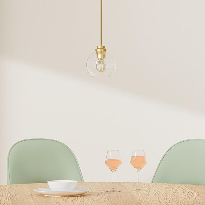 Modern Polished Gold Pendant Light, 7Inch Mid Cenrury Globe Hanging Light Fixture with Clear Glass for Kitchen Island Dining Room Bedroom Hallway Foyer (1 Pack), PL101BG