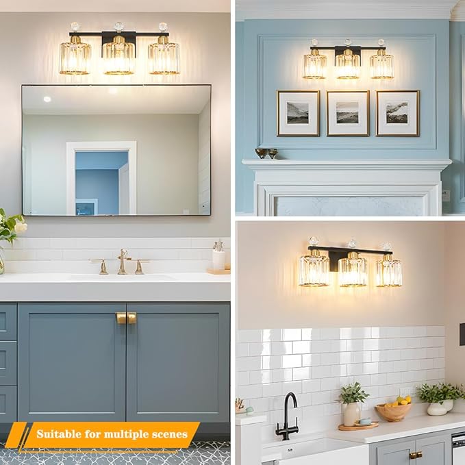 Lxybcce Black and Gold Bathroom Vanity Light, 3-Lights Crystal Vanity Lights for Bath, Modern Bathroom Light Fixture Over Mirror, Wall Mount Lights with Clear Crystal Glass for Bedroom Living Room