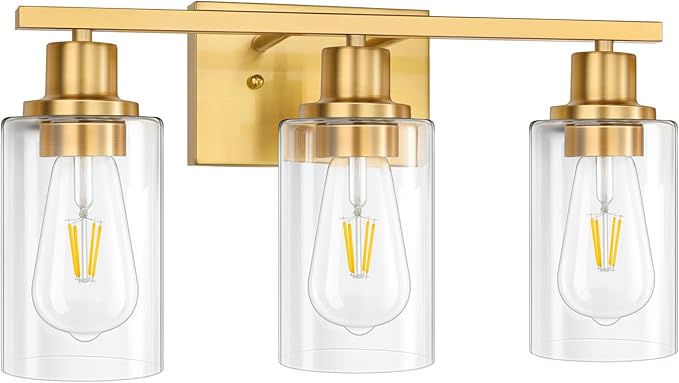 Gold Bathroom Wall Lights Brushed Brass 3-Light Vanity Light Fixtures Modern Wall Sconces with Clear Glass Shade, Bathroom Wall Lamp for Mirror Kitchen Bedroom Hallway Cabinet Porch