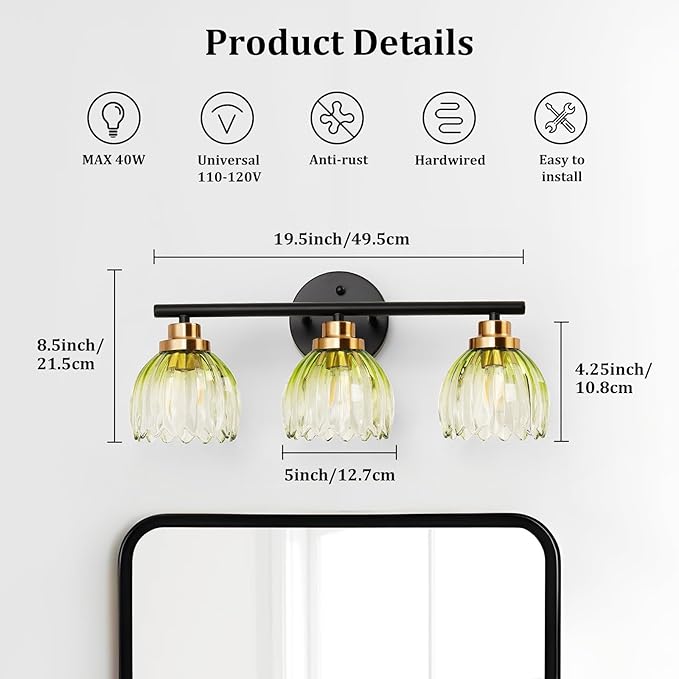 TALOYA Bathroom Vanity Light Fixtures, 3-Light Modern Black and Gold Wall Lights Over Mirror with Gradient Green Tulip Glass Shades Bathroom Wall Lamp for Mirror, Living Room,Hallway, Cabinet Porch