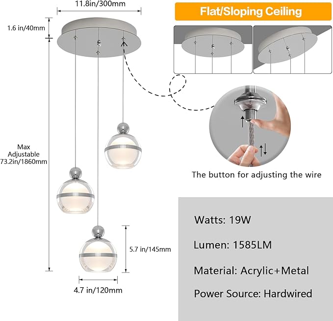 Cluster Acrylic Pendant Lighting, 3 Light Chrome Globe LED Hanging Pendant Light Fixtures with Dimmable, Modern Pendant Lights Kitchen Island for Dining Room Living Room Bedroom Stairs