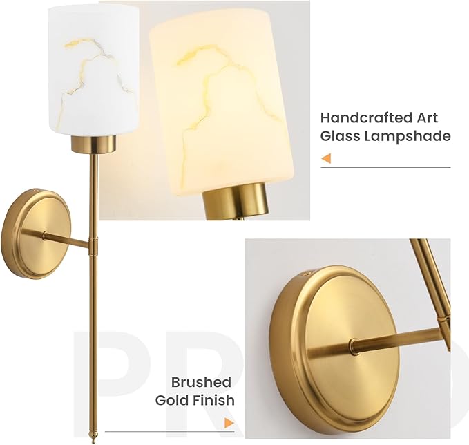 Gold Wall Sconces Set of 2 with Marble Glass Shade, Modern Bathroom Vanity Light Fixtures for Bedroom, Hallway, Entryway, Living Room