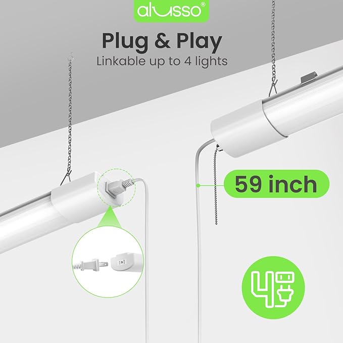 ALUSSO® LED Shop Lights 4FT for Garage, 6000LM Super Bright, Adjustable 2700K-6500K Color Temperature, 120V, Warm to Cool Daylight Linkable Shop Lights for Workshop, 2 Pack
