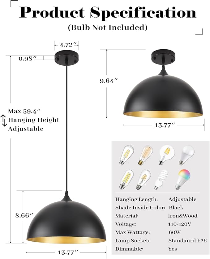 Black Pendant Lights Kitchen Island 3 Pack, 14 Inch Large Dome Pendant Light, Black and Gold Farmhouse Industrial Pendant Light, Island Pendant Lights for Kitchen, Dining Room