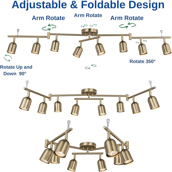 8 Light Modern Track Lighting Fixtures, Matte Brass Center Rotatable Bar Ceiling Spotlight, Foldable Arms Track Lighting Kit for Kitchen,Dining,Living Room Bedroom,GU10 Bulb Not Included