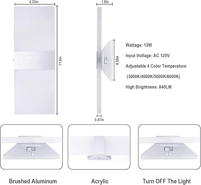 TRLIFE Dimmable LED Wall Sconces, 4 Color Temperature 12W Modern Wall Sconce Wall Mounted Light Set of 2 Dimmable Wall Lights for Bedroom Bedside Hallway Living Room Stairway(2 Pack, Silver)