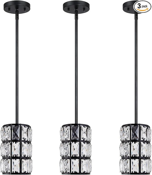 Modern Black Crystal Pendant Light, 3-Pack Crystal Pendant Light Fixtures Mini Crystal Chandeliers, Adjustable Hanging Ceiling Lights for Kitchen Island Dining Room Bedroom Hallway Bar