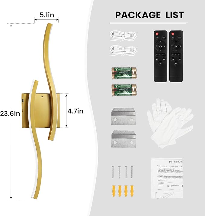 WOSHITU Gold Battery Operated Wall Sconces: 23.6 Inch Rechargeable Wall Sconce Set of 2 with Remote Control 3CCT Dimmable Wall Light Modern Cordless Wall Lamp for Bedroom Living Room Hallway Bathroom