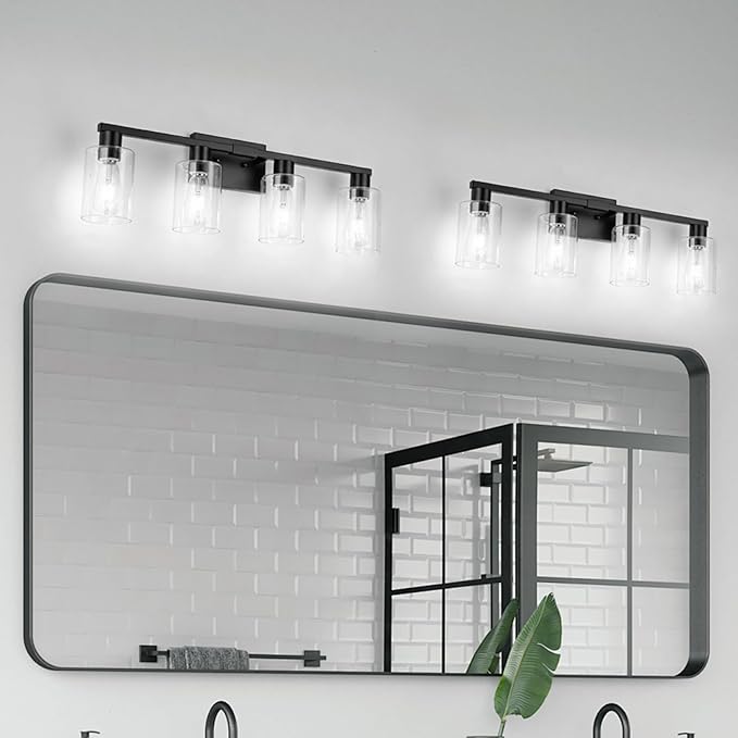 4 Light Bathroom Light Fixtures Black, 28" Vanity Lights Rust Proof Moisture-proof Easy to Clean with Clear Glass for Living Room Cabinet Bedroom Porch for Bathroom Lighting Fixtures over Mirror