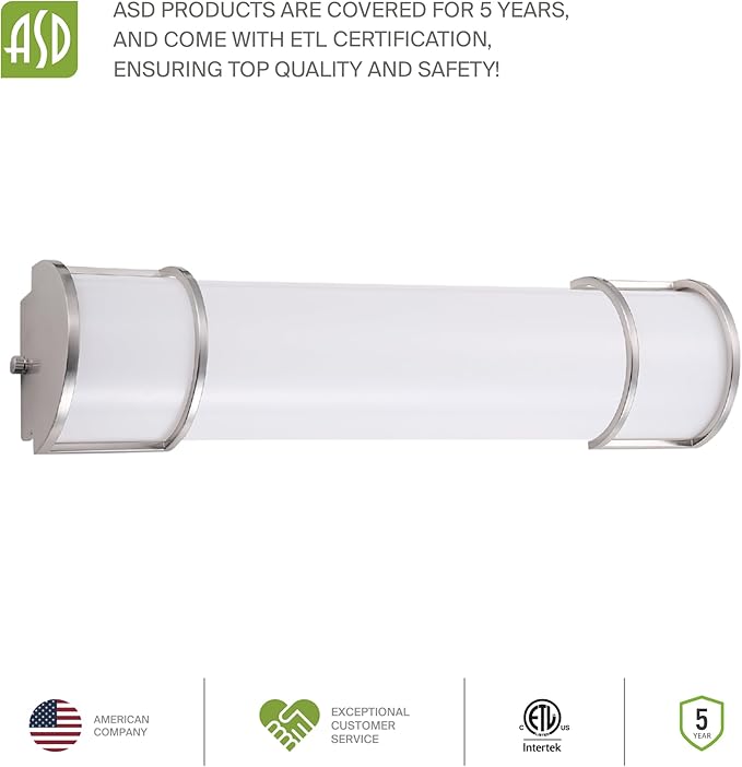 ASD LED 24" Vanity Flush Mount Light Fixture, Linear Bathroom Lighting Bar | 3CCT, Dimmable, ETL Listed | 25W 2600LM 3000-5000K 100-277V | Long Tube Bath Wall Sconce Over Mirror | Nickel